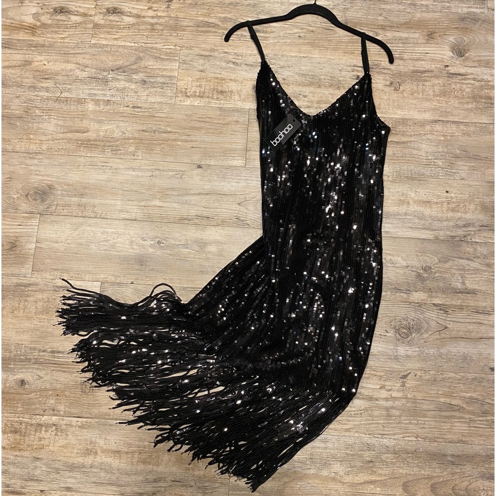 BooHoo Plus Fringed Black Dress